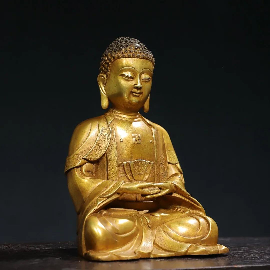 7"Tibetan Temple Collection Old Bronze Cinnabar Gilding Amitabha Buddha Baby Buddha Shakyamuni Worship Hall Town house