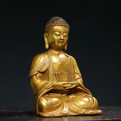 7"Tibetan Temple Collection Old Bronze Cinnabar Gilding Amitabha Buddha Baby Buddha Shakyamuni Worship Hall Town house