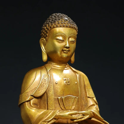 7"Tibetan Temple Collection Old Bronze Cinnabar Gilding Amitabha Buddha Baby Buddha Shakyamuni Worship Hall Town house