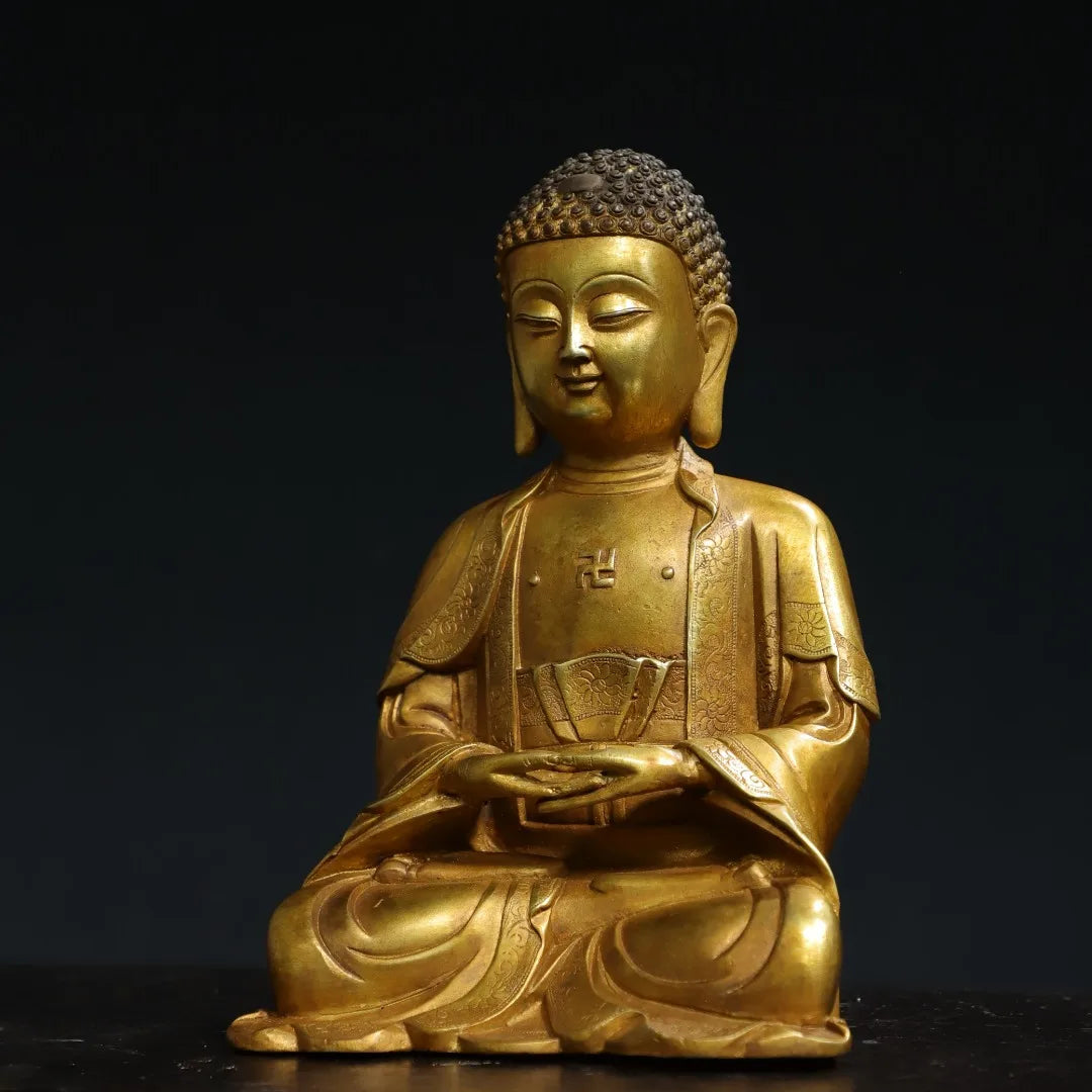 7"Tibetan Temple Collection Old Bronze Cinnabar Gilding Amitabha Buddha Baby Buddha Shakyamuni Worship Hall Town house