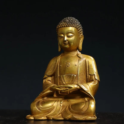 7"Tibetan Temple Collection Old Bronze Cinnabar Gilding Amitabha Buddha Baby Buddha Shakyamuni Worship Hall Town house