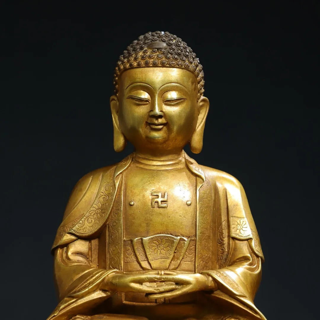 7"Tibetan Temple Collection Old Bronze Cinnabar Gilding Amitabha Buddha Baby Buddha Shakyamuni Worship Hall Town house