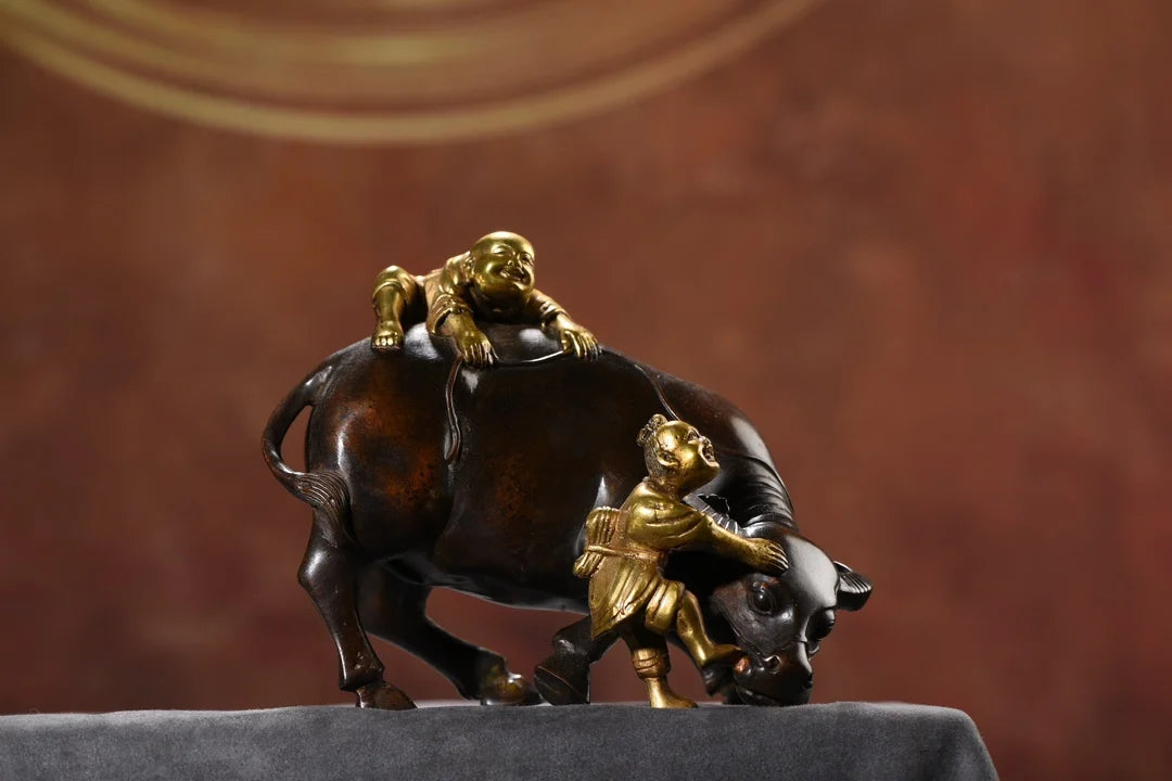 7"Tibetan Temple Collection Old Bronze Gilded Boy herding cattle Boy Herding Cattle statue Harmonious coexistence Ornaments