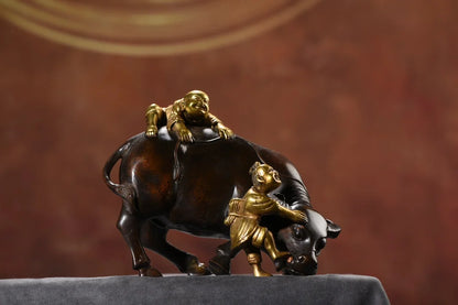 7"Tibetan Temple Collection Old Bronze Gilded Boy herding cattle Boy Herding Cattle statue Harmonious coexistence Ornaments