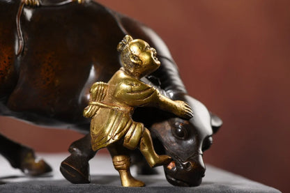 7"Tibetan Temple Collection Old Bronze Gilded Boy herding cattle Boy Herding Cattle statue Harmonious coexistence Ornaments