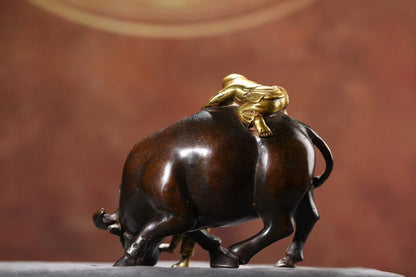 7"Tibetan Temple Collection Old Bronze Gilded Boy herding cattle Boy Herding Cattle statue Harmonious coexistence Ornaments