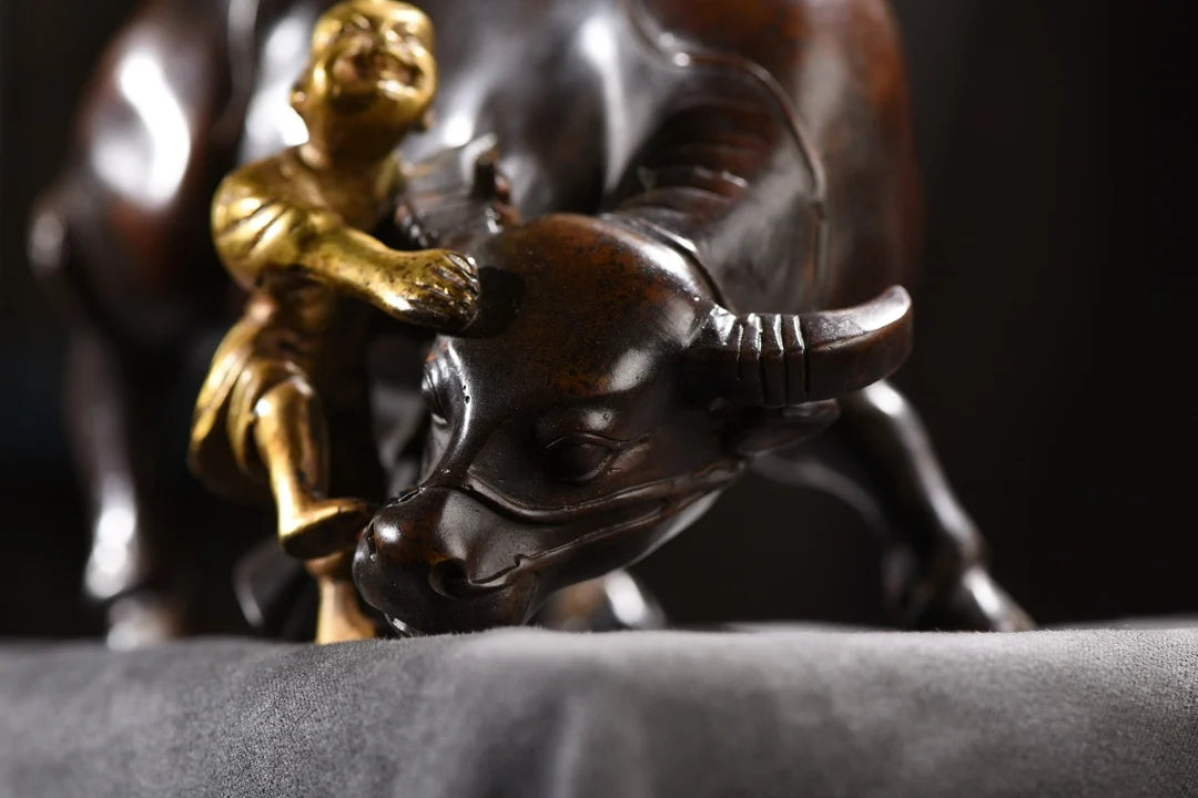 7"Tibetan Temple Collection Old Bronze Gilded Boy herding cattle Boy Herding Cattle statue Harmonious coexistence Ornaments
