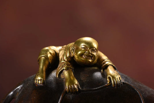 7"Tibetan Temple Collection Old Bronze Gilded Boy herding cattle Boy Herding Cattle statue Harmonious coexistence Ornaments