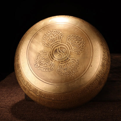 7"Tibetan Temple Collection Old Bronze Gilt Buddhist scriptures Shakyamuni Buddha sound bowl prayer bowl Town House Exorcism