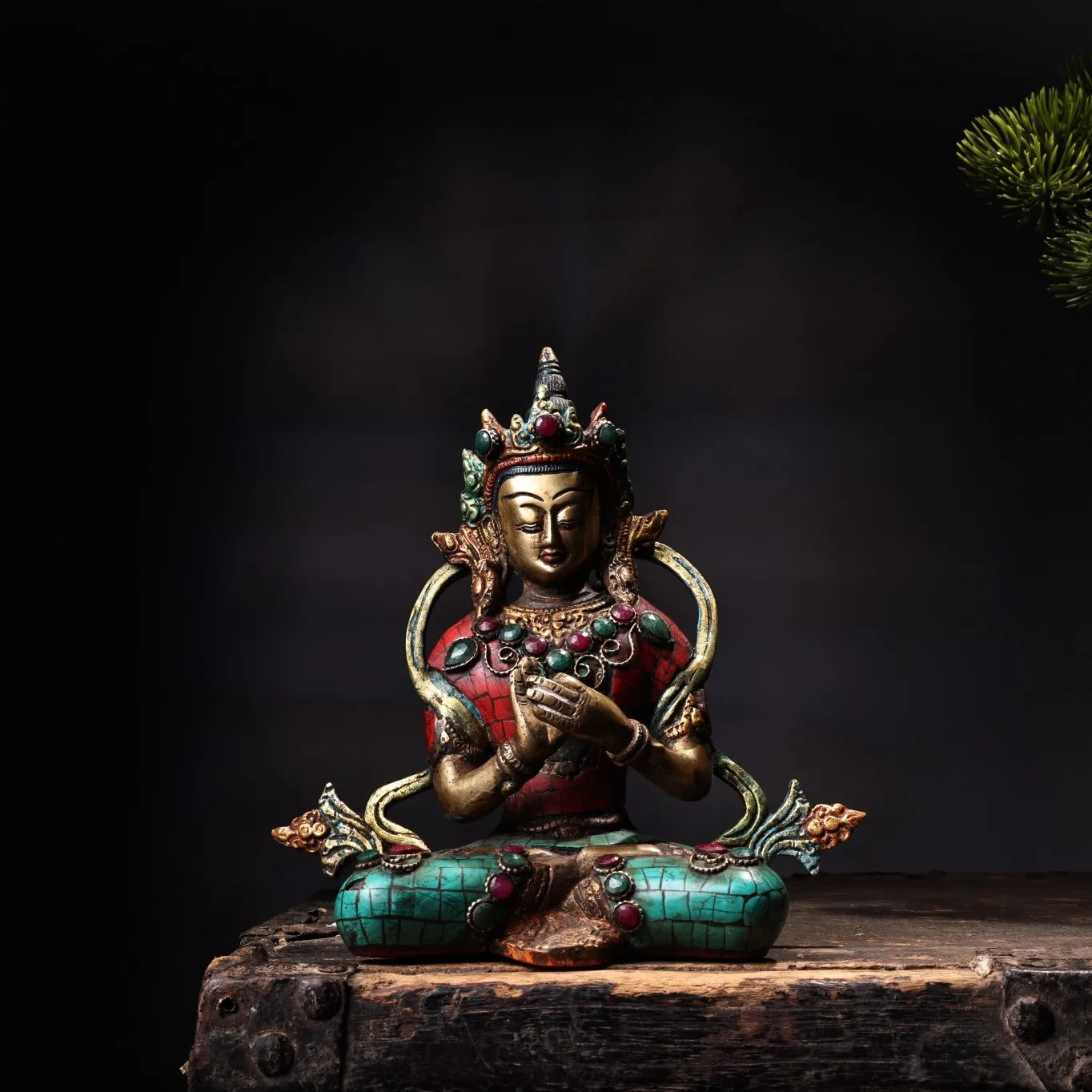 7"Tibetan Temple Collection Old Bronze Mosaic Gem Vajra Buddha Mother Tara Buddha worship hall Town House Exorcism