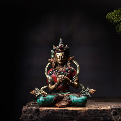 7"Tibetan Temple Collection Old Bronze Mosaic Gem Vajra Buddha Mother Tara Buddha worship hall Town House Exorcism