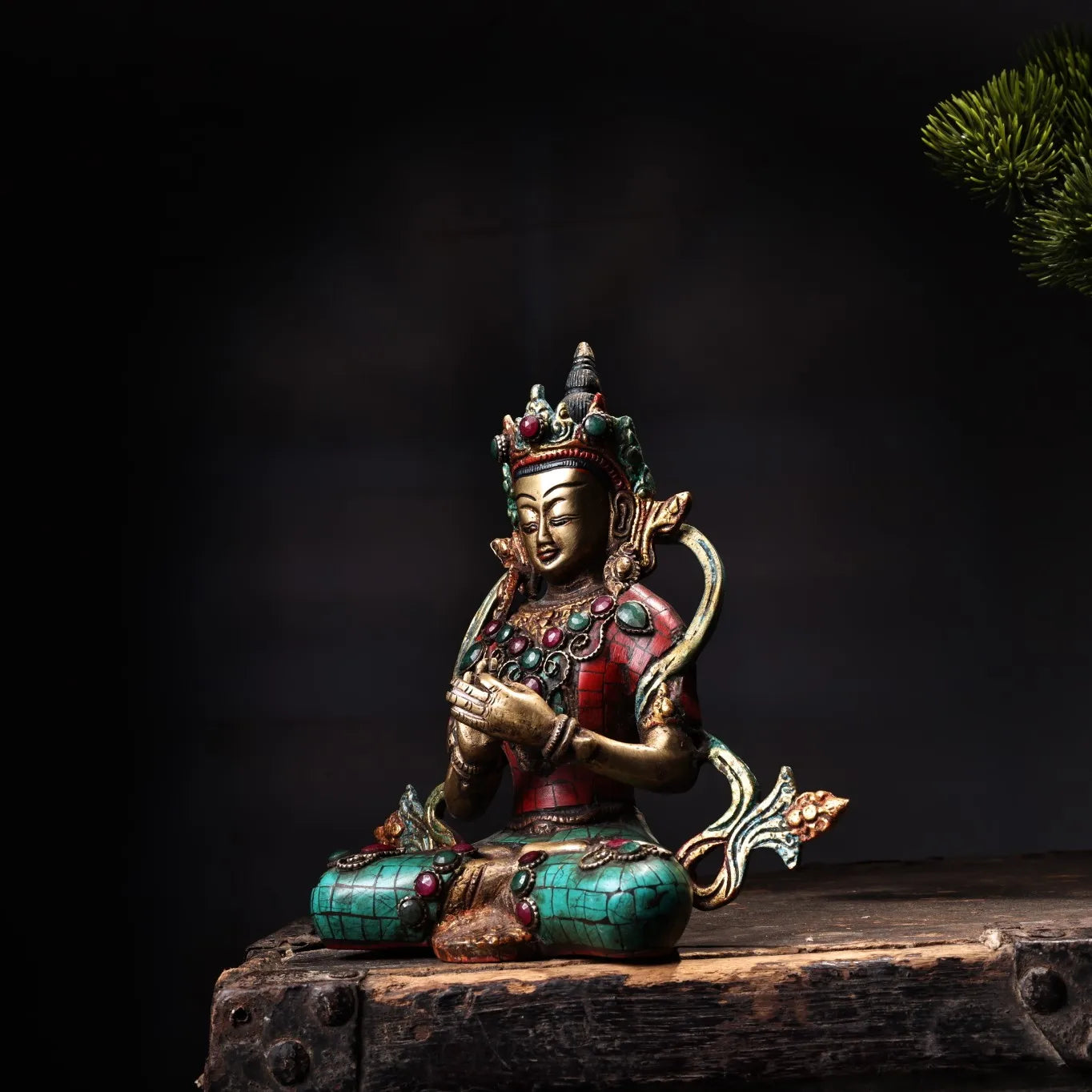 7"Tibetan Temple Collection Old Bronze Mosaic Gem Vajra Buddha Mother Tara Buddha worship hall Town House Exorcism
