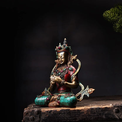 7"Tibetan Temple Collection Old Bronze Mosaic Gem Vajra Buddha Mother Tara Buddha worship hall Town House Exorcism