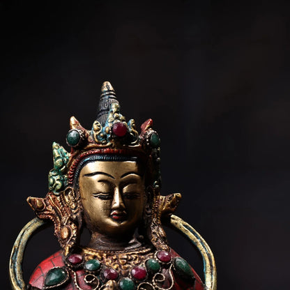 7"Tibetan Temple Collection Old Bronze Mosaic Gem Vajra Buddha Mother Tara Buddha worship hall Town House Exorcism