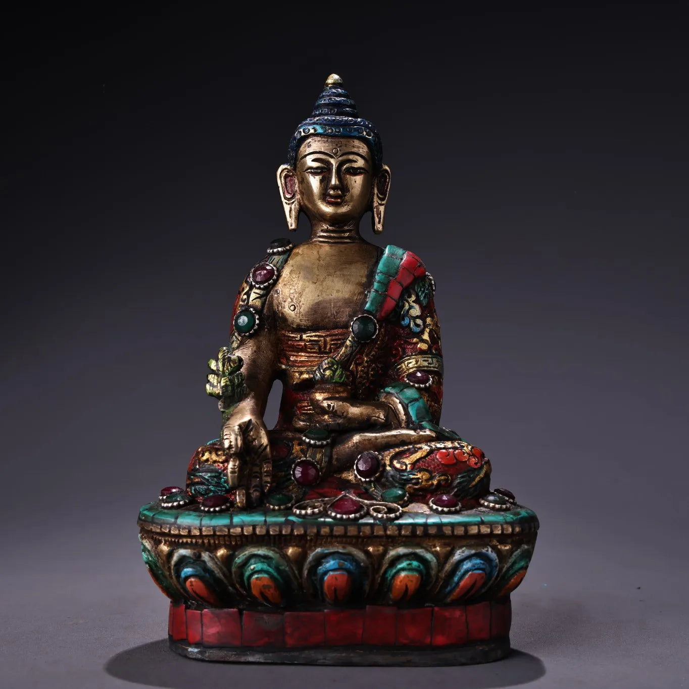 7"Tibetan Temple Collection Old Bronze Outline in gold Painted mosaic Gem Turquoise Medicine Buddha Worship Hall Town house