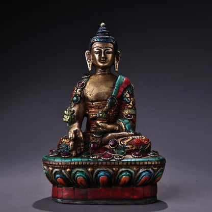7"Tibetan Temple Collection Old Bronze Outline in gold Painted mosaic Gem Turquoise Medicine Buddha Worship Hall Town house
