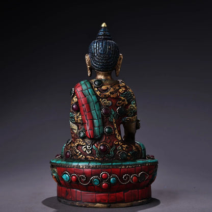 7"Tibetan Temple Collection Old Bronze Outline in gold Painted mosaic Gem Turquoise Medicine Buddha Worship Hall Town house
