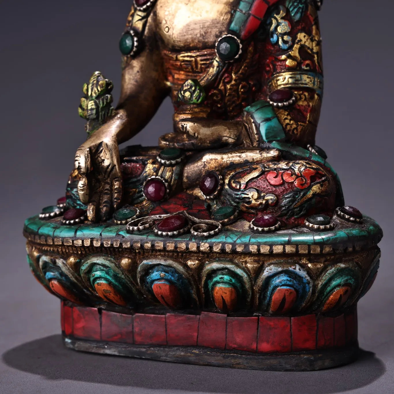 7"Tibetan Temple Collection Old Bronze Outline in gold Painted mosaic Gem Turquoise Medicine Buddha Worship Hall Town house