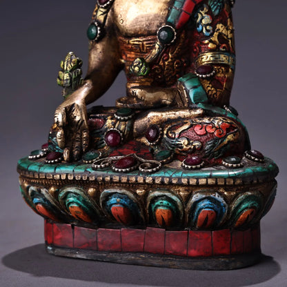 7"Tibetan Temple Collection Old Bronze Outline in gold Painted mosaic Gem Turquoise Medicine Buddha Worship Hall Town house