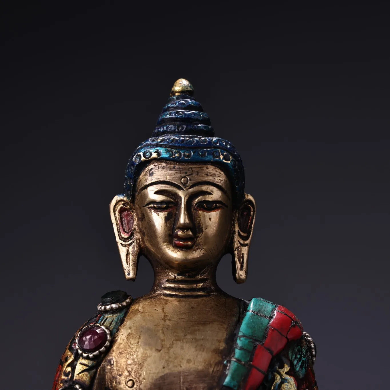 7"Tibetan Temple Collection Old Bronze Outline in gold Painted mosaic Gem Turquoise Medicine Buddha Worship Hall Town house