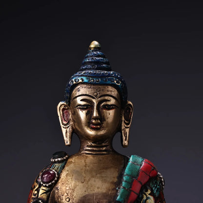 7"Tibetan Temple Collection Old Bronze Outline in gold Painted mosaic Gem Turquoise Medicine Buddha Worship Hall Town house