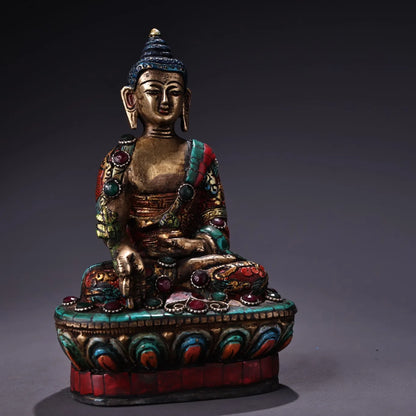 7"Tibetan Temple Collection Old Bronze Outline in gold Painted mosaic Gem Turquoise Medicine Buddha Worship Hall Town house