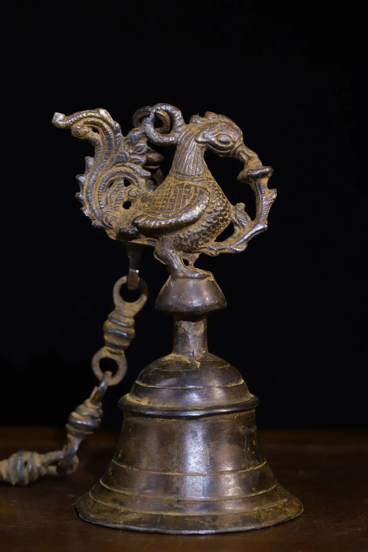 7"Tibetan Temple Collection Old Bronze Phoenix Divine Beast Old Ringing Bell  Buddha Bell Amulet Dharma Wall hanging Town house