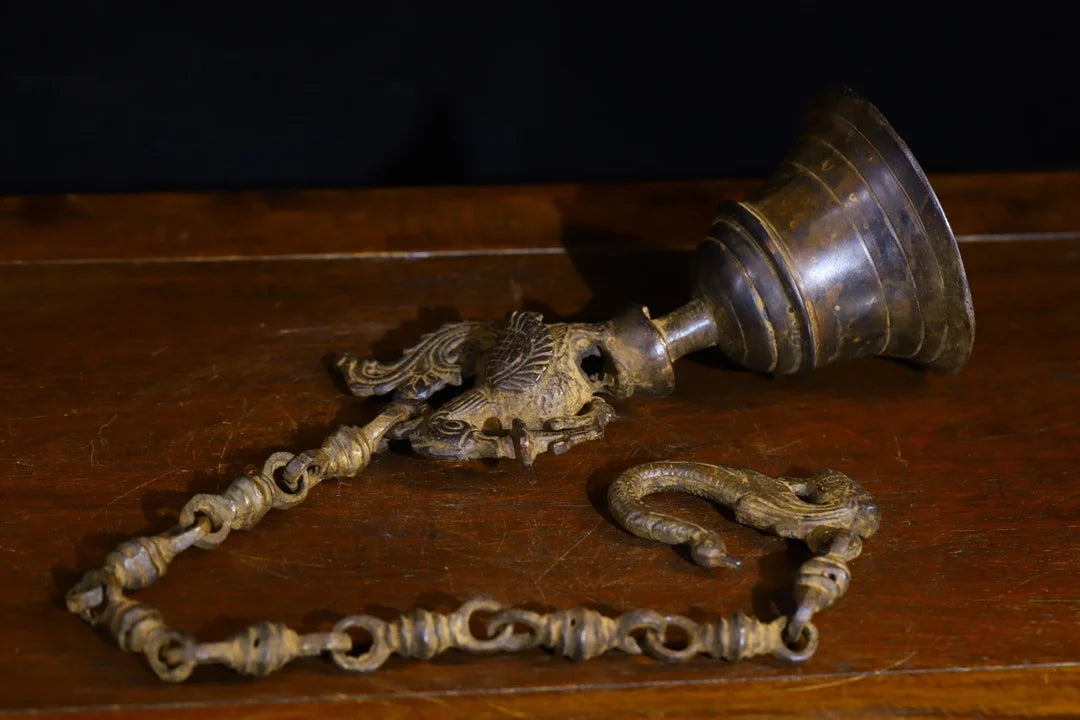 7"Tibetan Temple Collection Old Bronze Phoenix Divine Beast Old Ringing Bell  Buddha Bell Amulet Dharma Wall hanging Town house