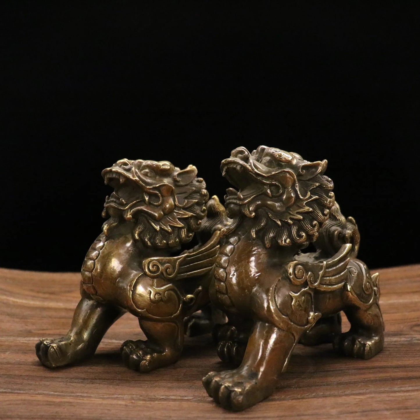 7"Tibetan Temple Collection Old Bronze Ruyi Unicorn statue brave troops A pair Gather wealth Town House Ornaments Exorcism