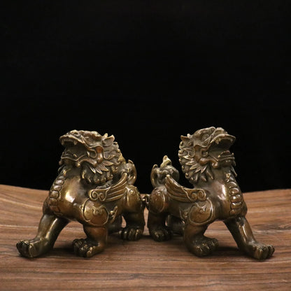 7"Tibetan Temple Collection Old Bronze Ruyi Unicorn statue brave troops A pair Gather wealth Town House Ornaments Exorcism