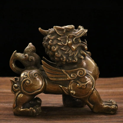 7"Tibetan Temple Collection Old Bronze Ruyi Unicorn statue brave troops A pair Gather wealth Town House Ornaments Exorcism