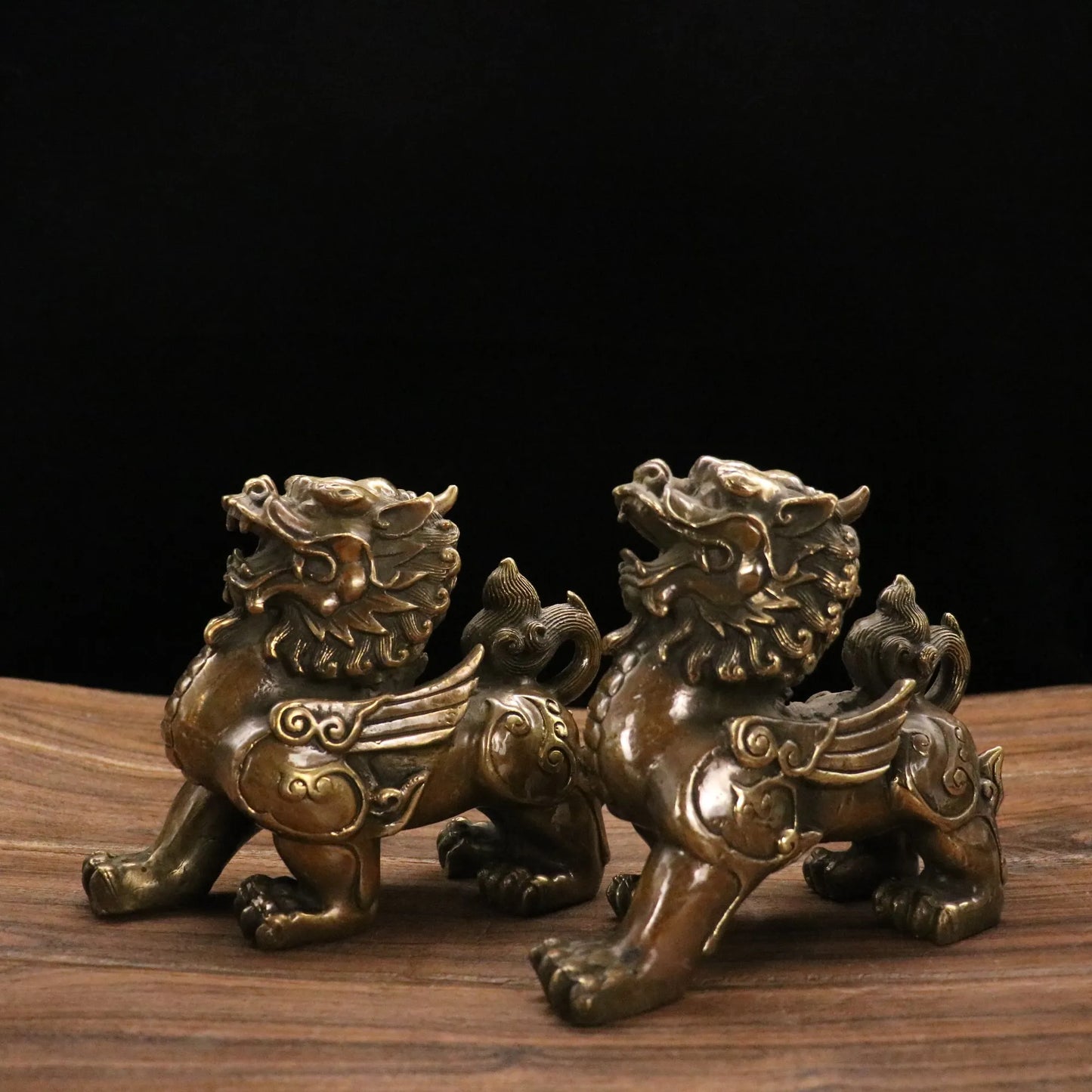 7"Tibetan Temple Collection Old Bronze Ruyi Unicorn statue brave troops A pair Gather wealth Town House Ornaments Exorcism