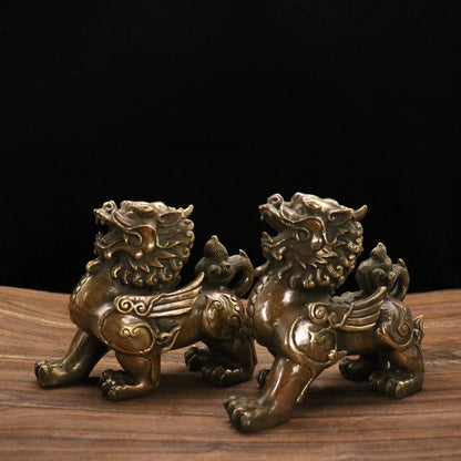 7"Tibetan Temple Collection Old Bronze Ruyi Unicorn statue brave troops A pair Gather wealth Town House Ornaments Exorcism