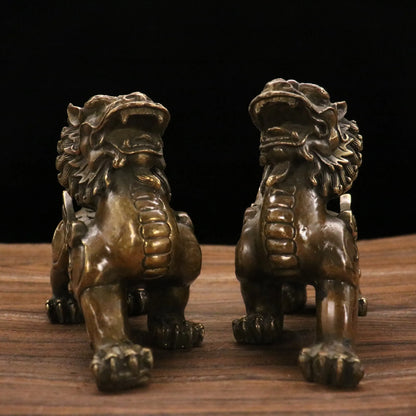 7"Tibetan Temple Collection Old Bronze Ruyi Unicorn statue brave troops A pair Gather wealth Town House Ornaments Exorcism