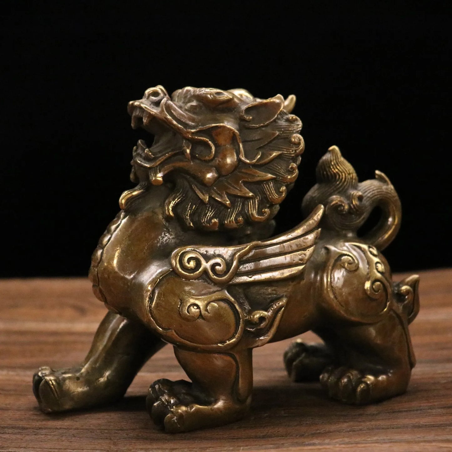 7"Tibetan Temple Collection Old Bronze Ruyi Unicorn statue brave troops A pair Gather wealth Town House Ornaments Exorcism