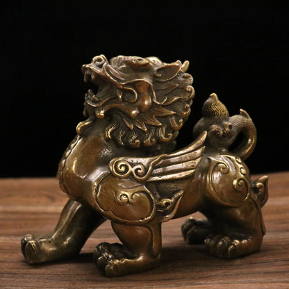 7"Tibetan Temple Collection Old Bronze Ruyi Unicorn statue brave troops A pair Gather wealth Town House Ornaments Exorcism