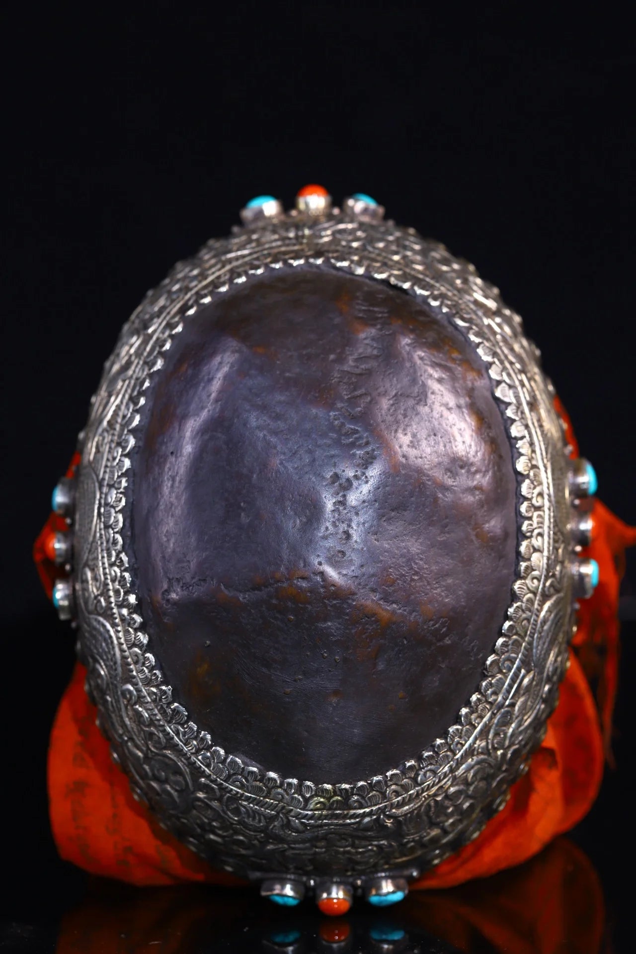 7"Tibetan Temple Collection Old Gabala Tibetan silver Mosaic Gem Dragon Pattern Skull Gabala Bowl Amulet Dharma Town house