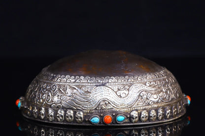 7"Tibetan Temple Collection Old Gabala Tibetan silver Mosaic Gem Dragon Pattern Skull Gabala Bowl Amulet Dharma Town house