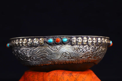 7"Tibetan Temple Collection Old Gabala Tibetan silver Mosaic Gem Dragon Pattern Skull Gabala Bowl Amulet Dharma Town house