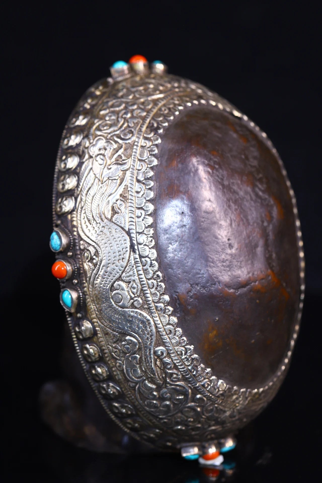 7"Tibetan Temple Collection Old Gabala Tibetan silver Mosaic Gem Dragon Pattern Skull Gabala Bowl Amulet Dharma Town house
