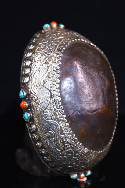 7"Tibetan Temple Collection Old Gabala Tibetan silver Mosaic Gem Dragon Pattern Skull Gabala Bowl Amulet Dharma Town house