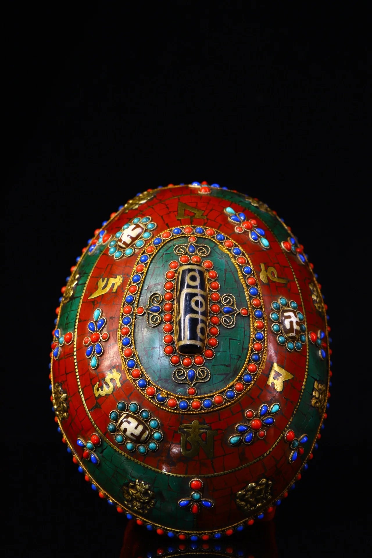 7"Tibetan Temple Collection Old Gabala Tibetan silver Mosaic Gem gZi Beads Skull Six Character Proverbs Gabala Bowl Amulet