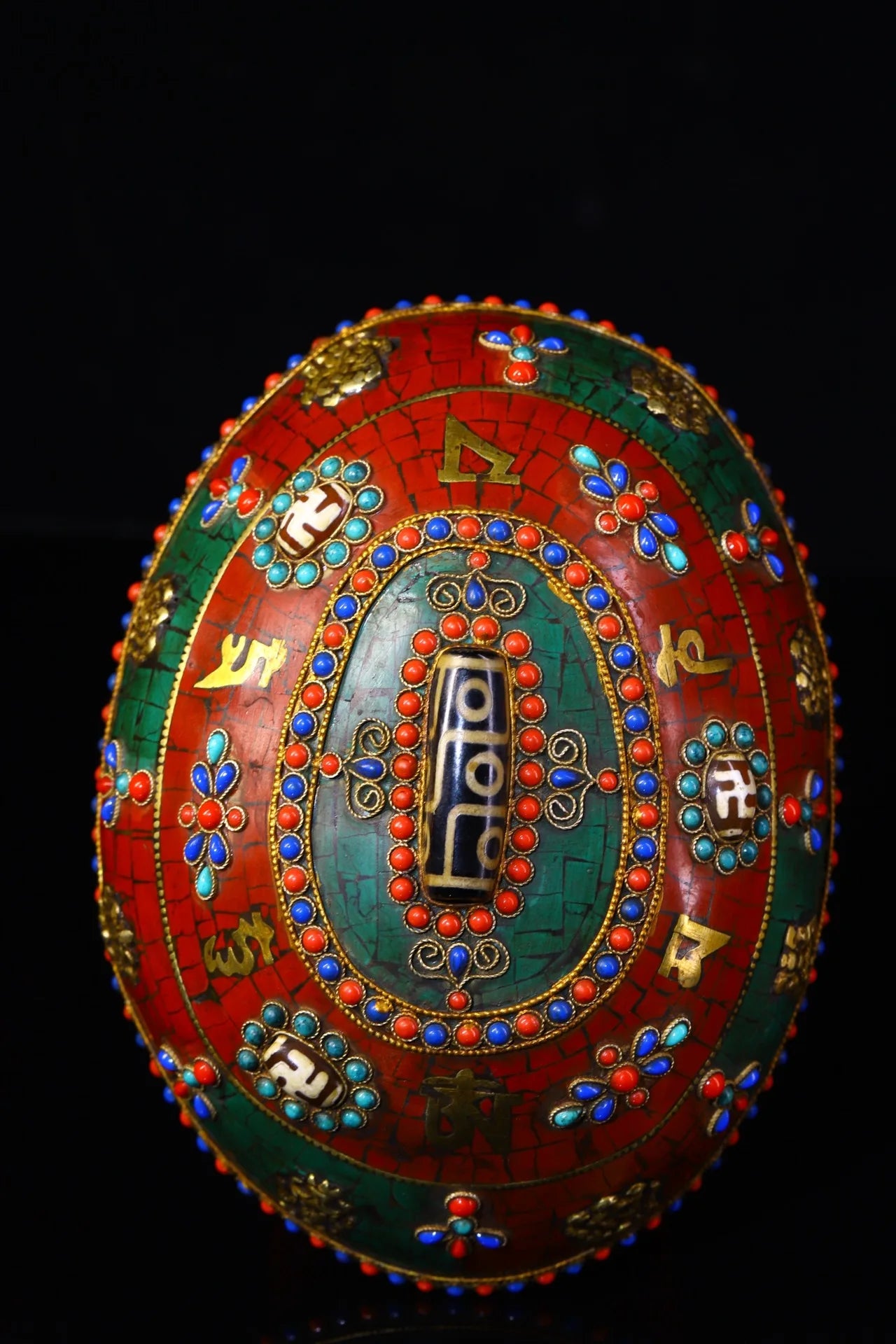 7"Tibetan Temple Collection Old Gabala Tibetan silver Mosaic Gem gZi Beads Skull Six Character Proverbs Gabala Bowl Amulet