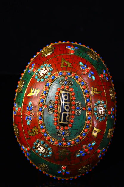 7"Tibetan Temple Collection Old Gabala Tibetan silver Mosaic Gem gZi Beads Skull Six Character Proverbs Gabala Bowl Amulet