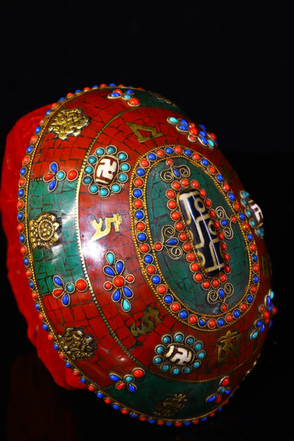 7"Tibetan Temple Collection Old Gabala Tibetan silver Mosaic Gem gZi Beads Skull Six Character Proverbs Gabala Bowl Amulet