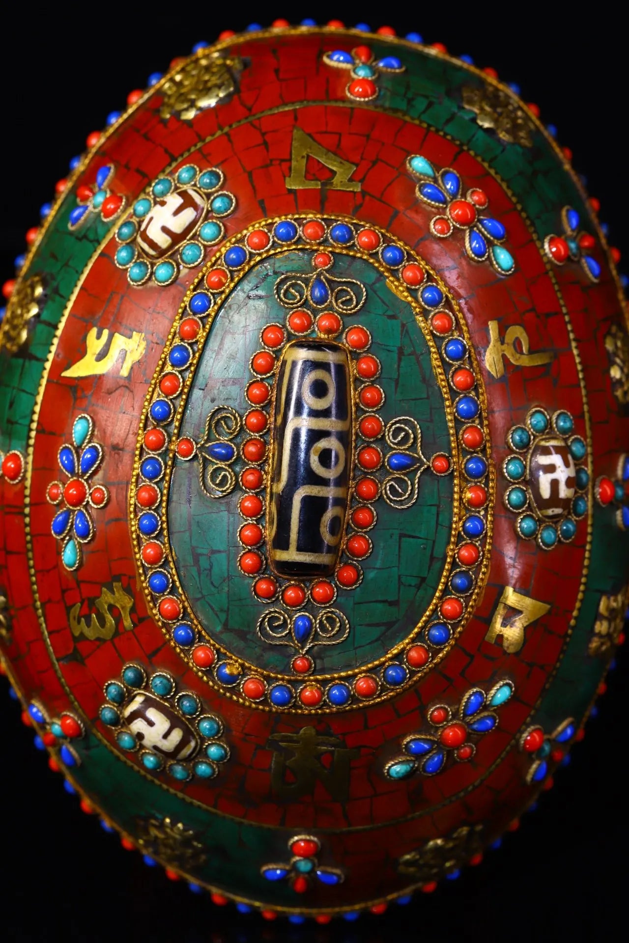 7"Tibetan Temple Collection Old Gabala Tibetan silver Mosaic Gem gZi Beads Skull Six Character Proverbs Gabala Bowl Amulet