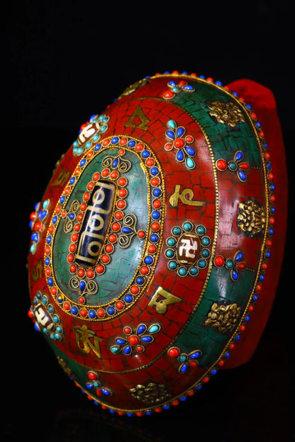 7"Tibetan Temple Collection Old Gabala Tibetan silver Mosaic Gem gZi Beads Skull Six Character Proverbs Gabala Bowl Amulet