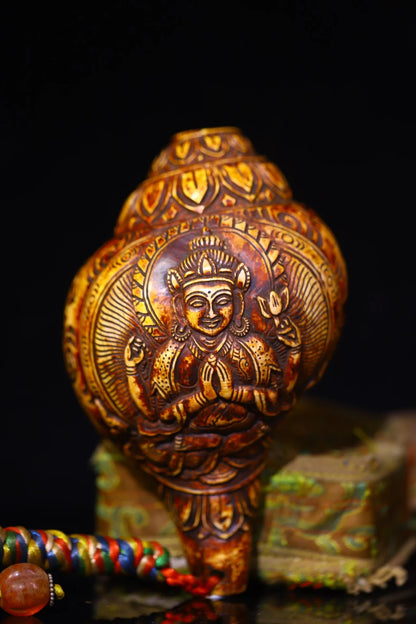 7"Tibetan Temple Collection Old Natural Conch Cinnabar Four armed Guanyin Buddha Conch Pendant Amulet Worship Hall Town house