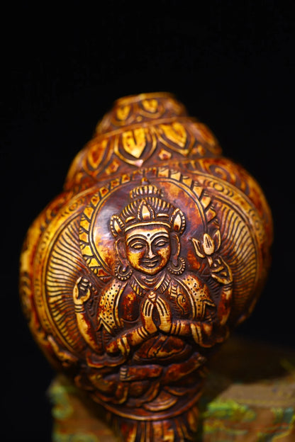 7"Tibetan Temple Collection Old Natural Conch Cinnabar Four armed Guanyin Buddha Conch Pendant Amulet Worship Hall Town house