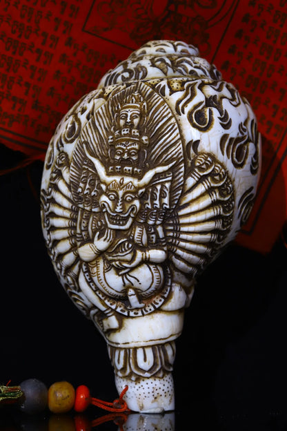 7"Tibetan Temple Collection Old Natural Conch hand carved Yamāntaka river snail conch Buddhist utensils Town house Exorcism